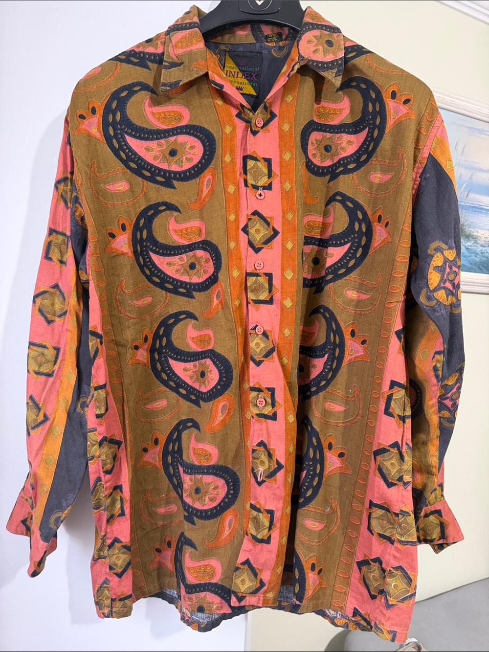 Index International Paisley & Geo Print Button-Down Shirt - Pink, Brown & Navy L